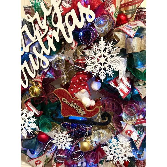 Handmade Christmas Gnome in Sleigh Holiday Ribbon Door Wreath 26 ins LED XLW1 - Picture 9 of 12